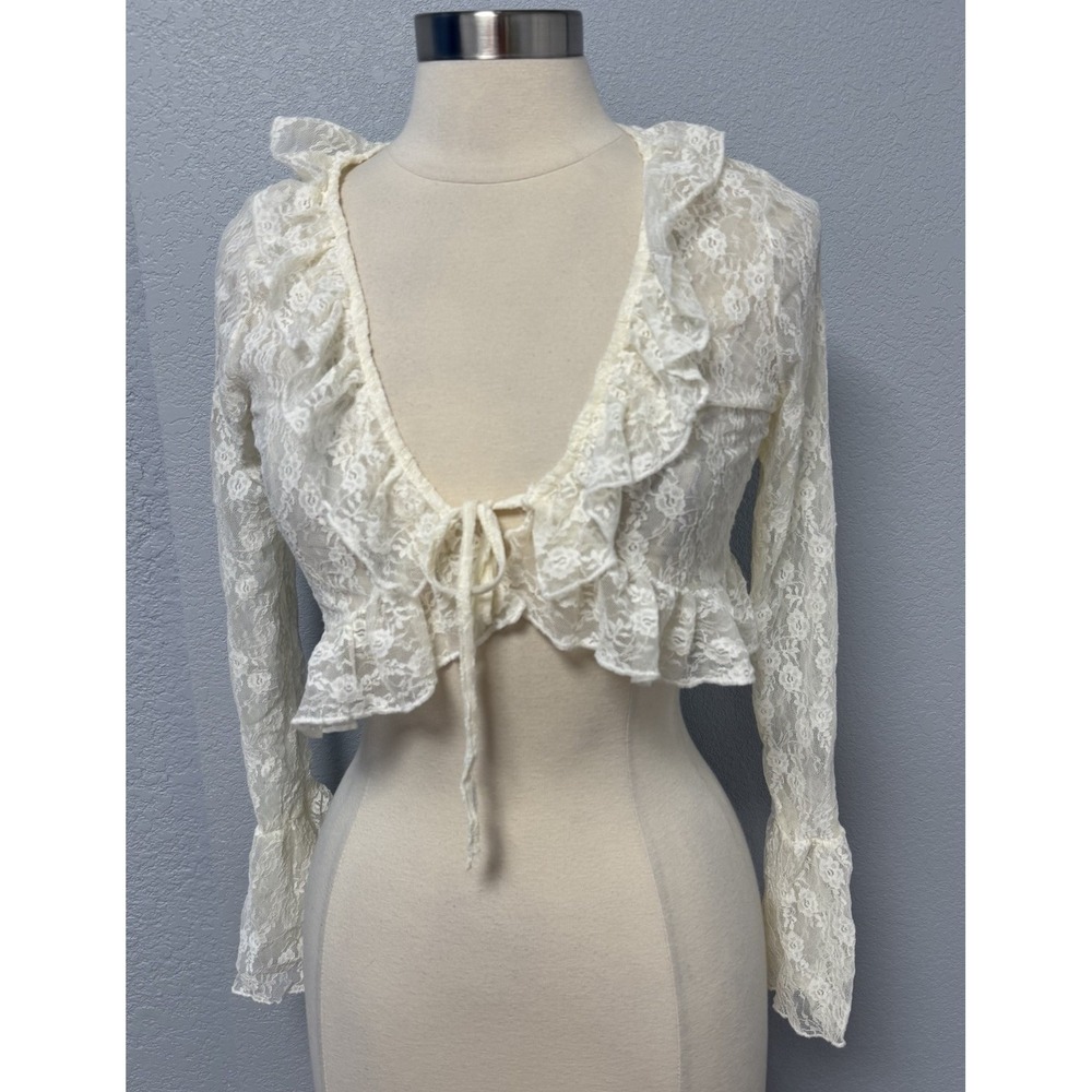NWT Thirty Thirty Y2K Lace Flyaway Tie Front Top S Ivory Coquette Britney Fairy